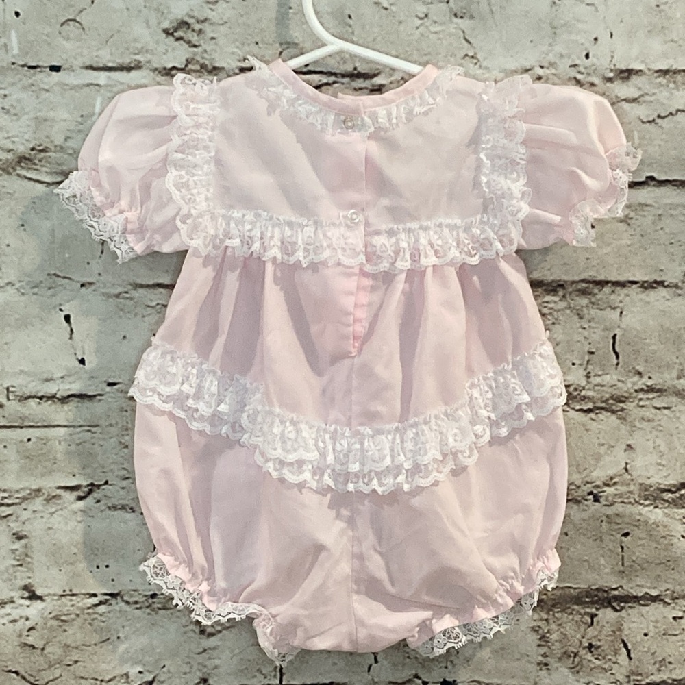 Vintage- Alexis Light Pink Bubble Romper with Embroidery and Lace Trim - Picture 2 of 9